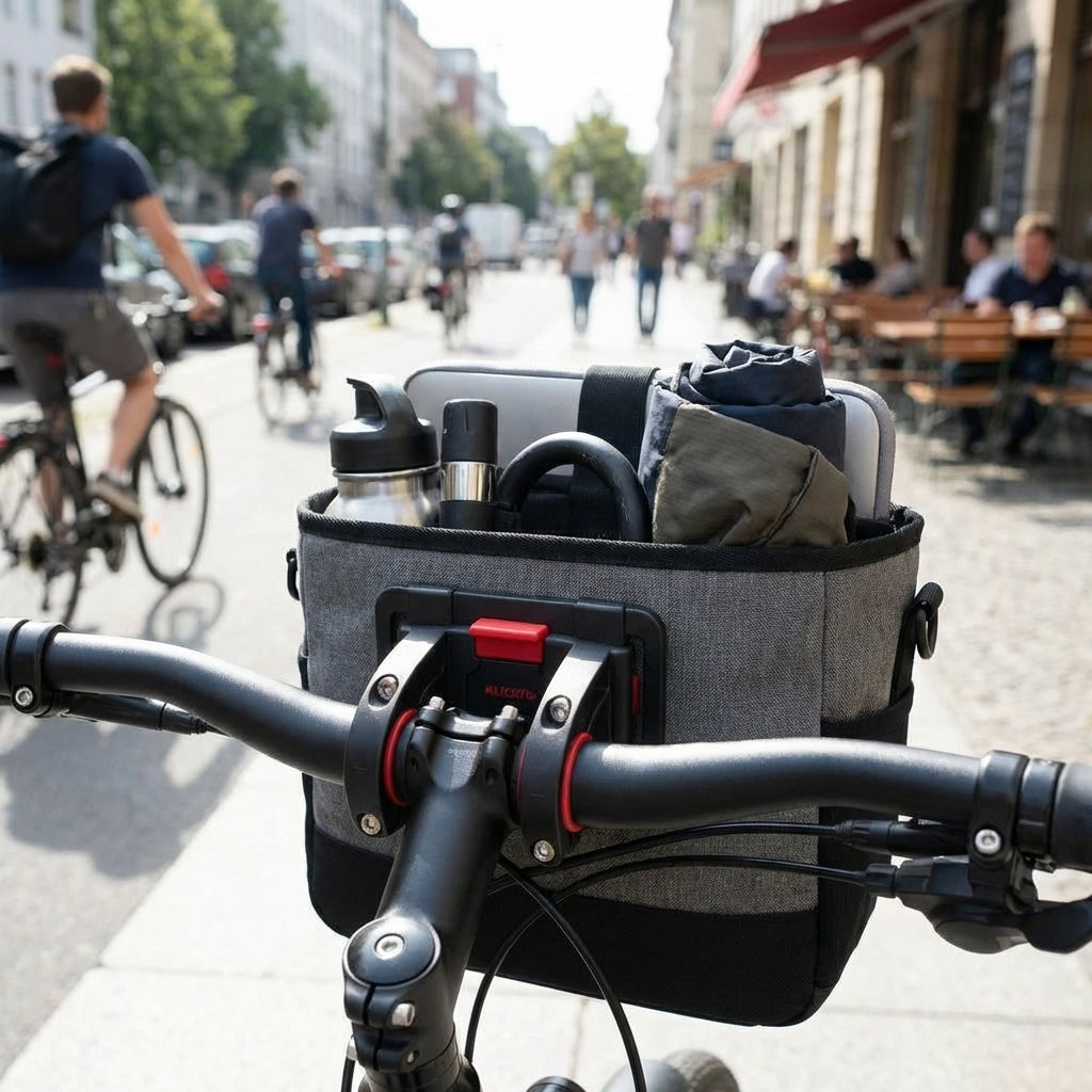 KLICKfix Lenker-Adapter schwarz-rot für Fahrradkörbe, -taschen & Kartenhalter. Universal, stabil, einfache Lenker-Montage.