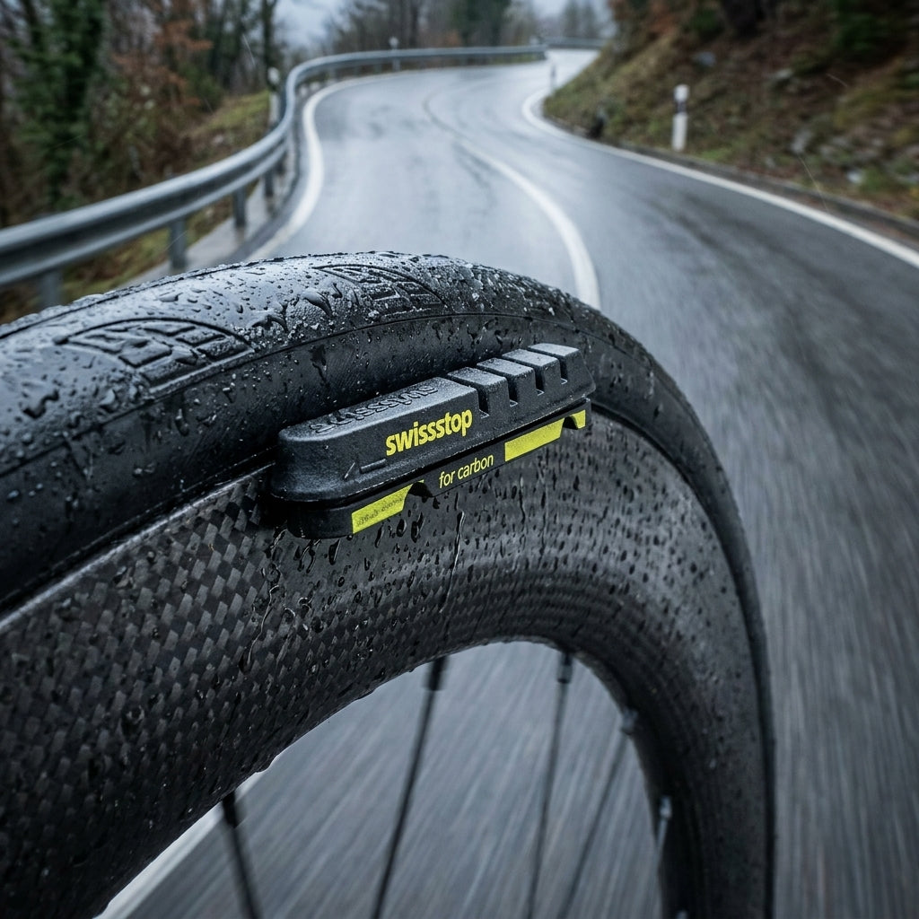 SwissStop Black Prince Bremsbeläge für Rennrad-Carbonfelgen auf nasser Straße.