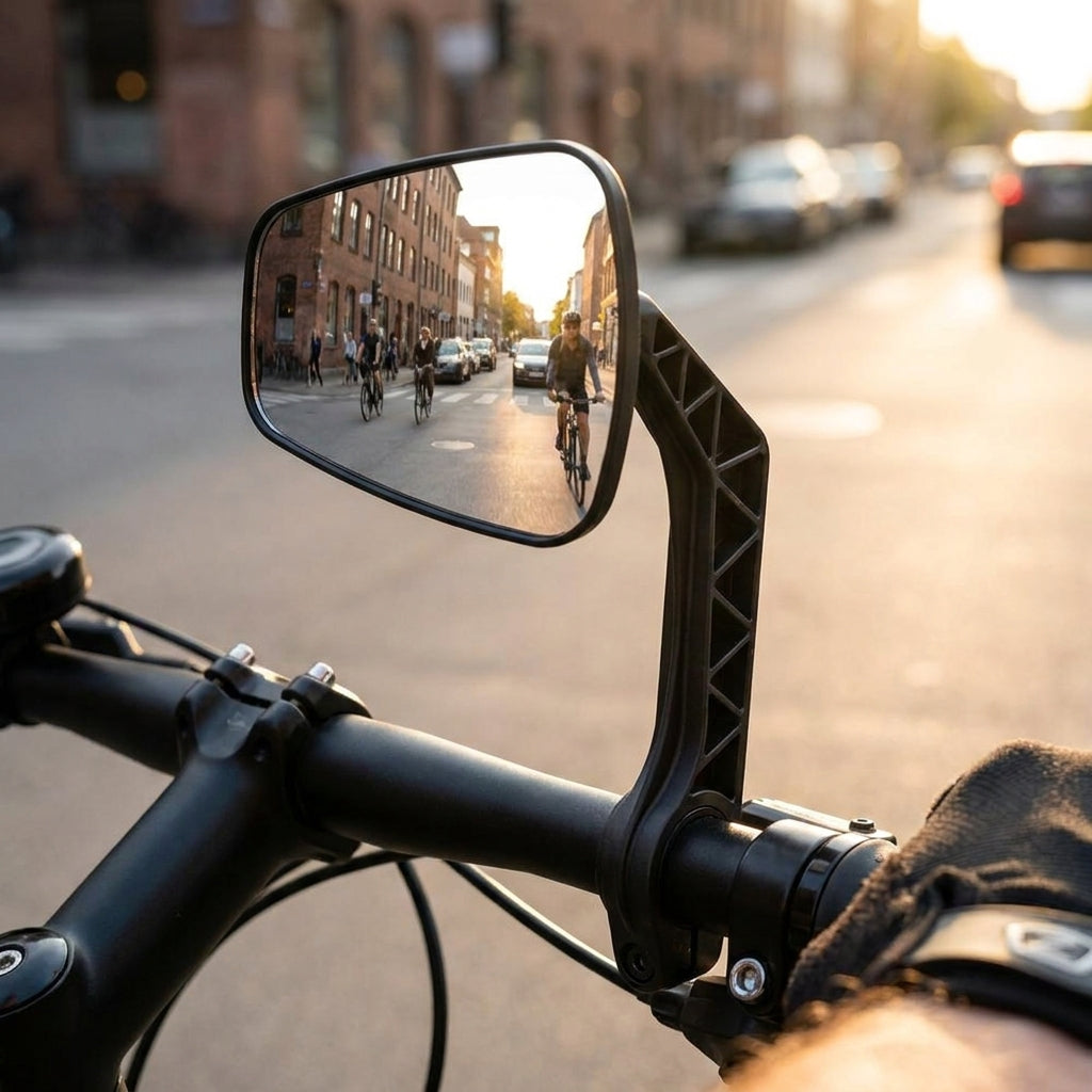 Zéfal ZL Tower 56 Fahrradspiegel am Lenker, reflektiert Stadtansicht mit Radfahrern bei Sonnenuntergang.