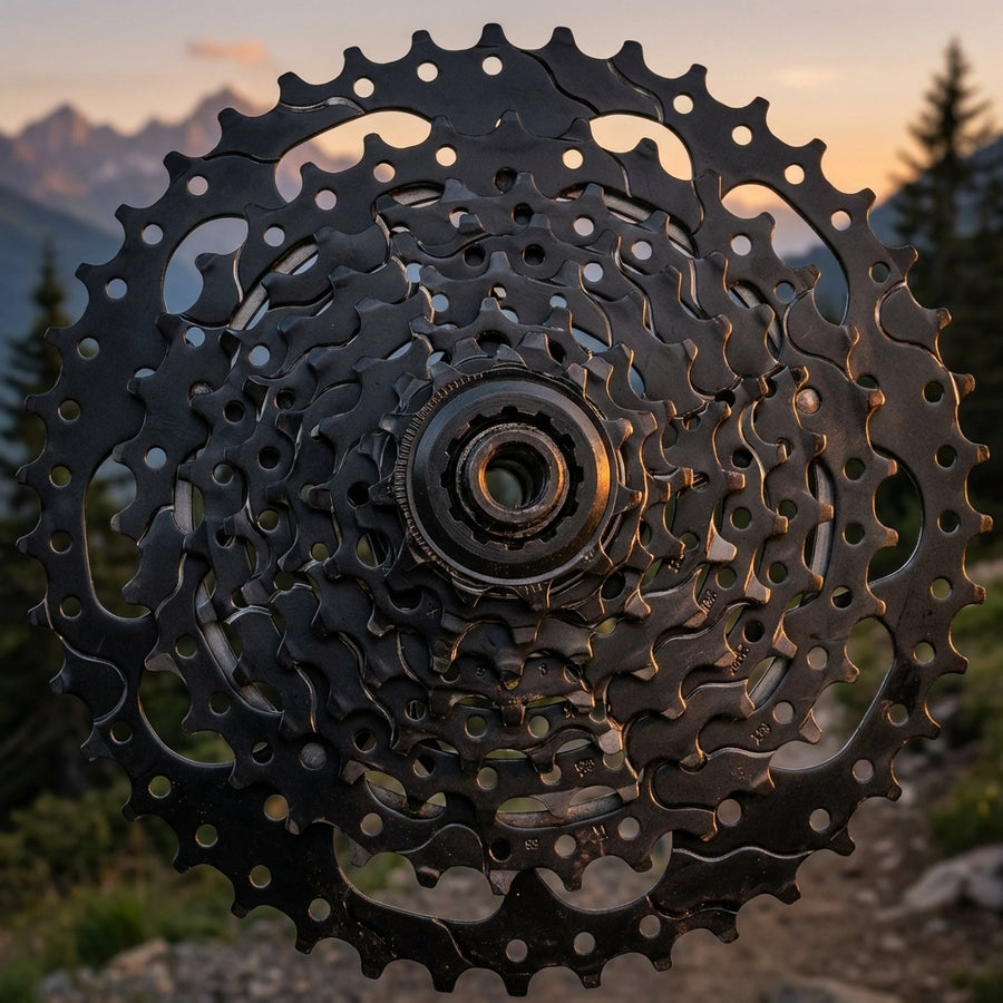 Schwarze TEKTRO ED9 E-Bike Kassette 11-46T mit breiter Übersetzungsbandbreite vor Bergkulisse bei Sonnenuntergang.