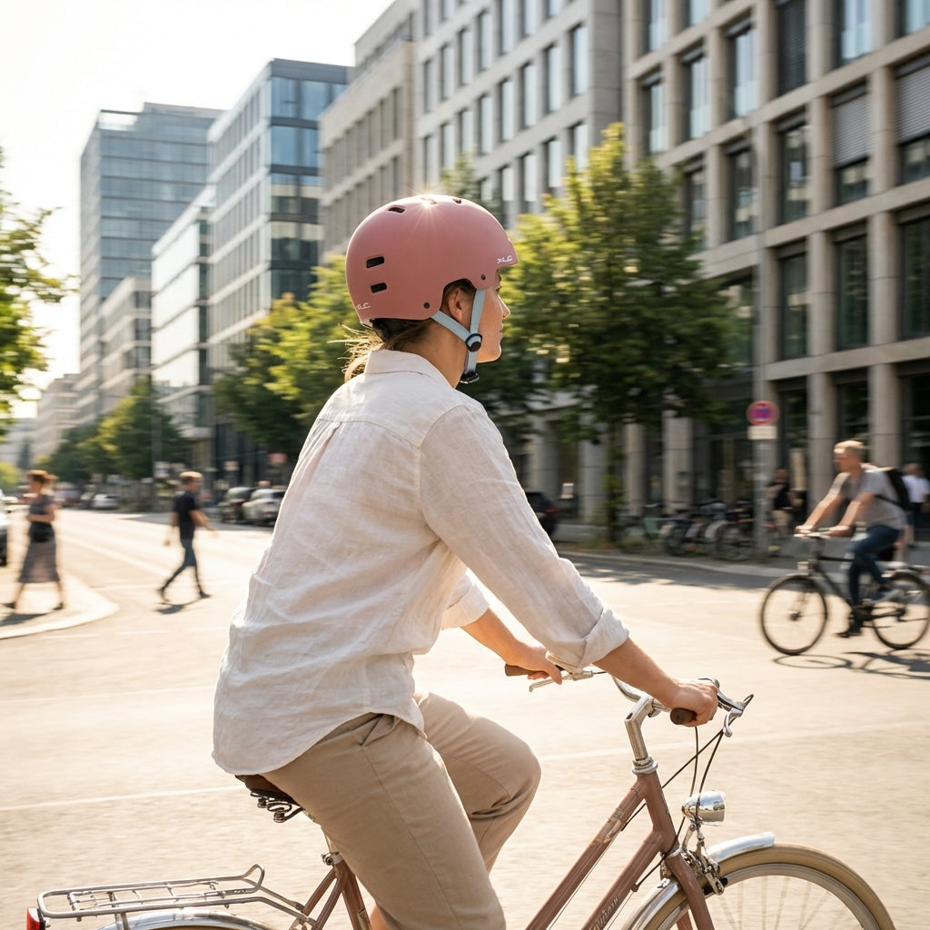 XLC Urban Helm BH-C22 rose 58-61cm auf Radfahrerin im Stadtverkehr.