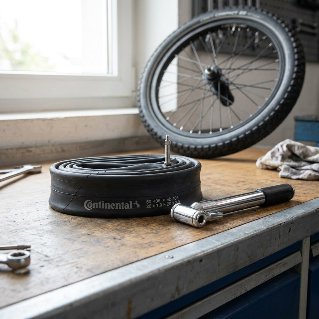Continental Fahrradschlauch Conti Compact 20 Zoll 50/62-406 DV 40mm auf Werkbank mit Pumpe und Fahrradrad.