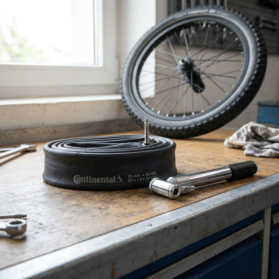 Continental Fahrradschlauch Conti Compact 20 Zoll 50/62-406 DV 40mm auf Werkbank mit Pumpe und Fahrradrad.