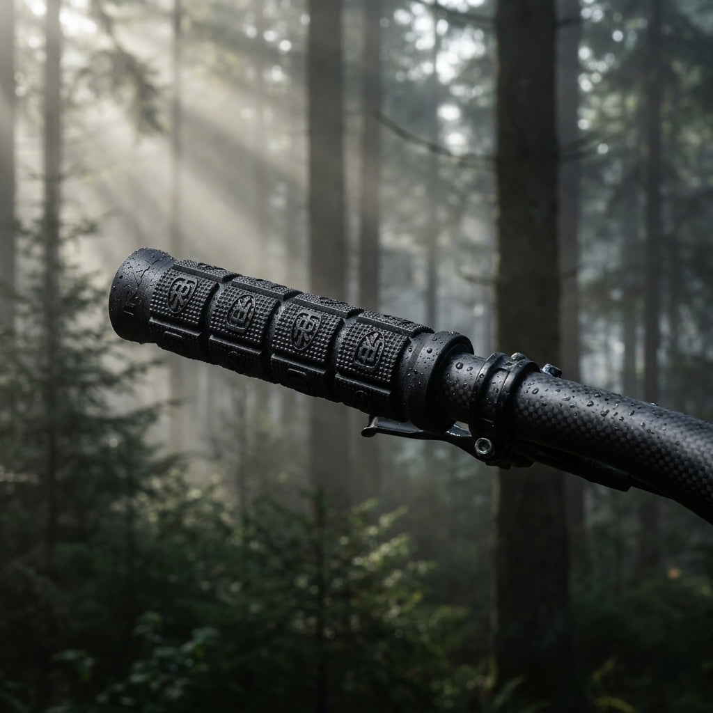 Schwarze Ritchey Comp Trail Lenkergriffe aus Kraton-Gummi mit ergonomischem Design für Mountainbikes.