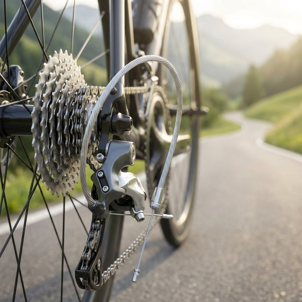 XLC Schaltinnenzug mit Nippel am Fahrrad-Schaltwerk einer Rennrad-Kassette auf sonniger Bergstraße.