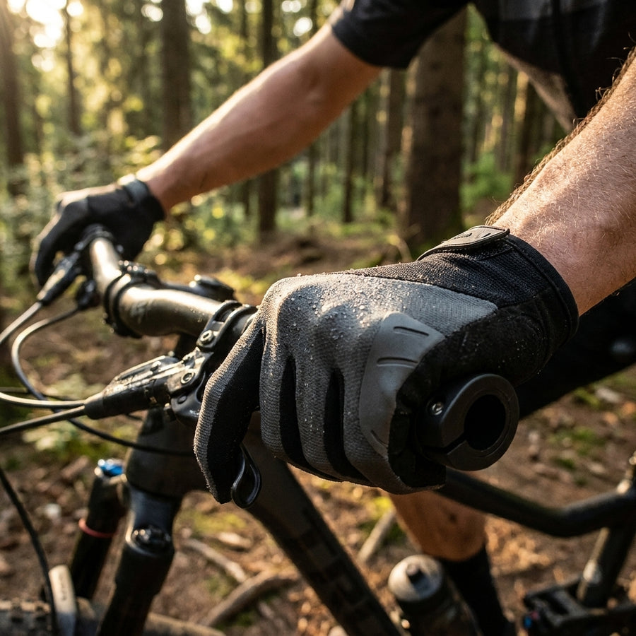 Ergotec MTB-ATB-Griffe Aero 2 Kraton sw/gr am Lenker eines Mountainbikes, vom Fahrer im Wald genutzt.
