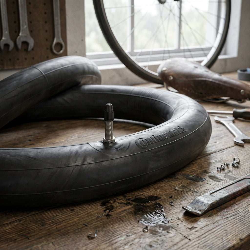 Continental Fahrradschlauch mit Dunlop-Ventil auf rustikaler Werkbank, umgeben von Fahrradwerkzeug.