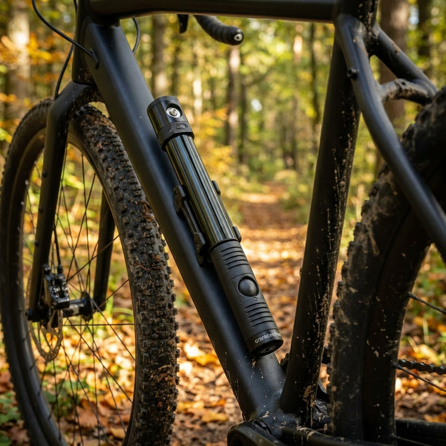 Crankbrothers Klic HV Handpumpe Midnight Edition schwarz mit Rahmenhalter am Fahrradrahmen im Herbstwald.