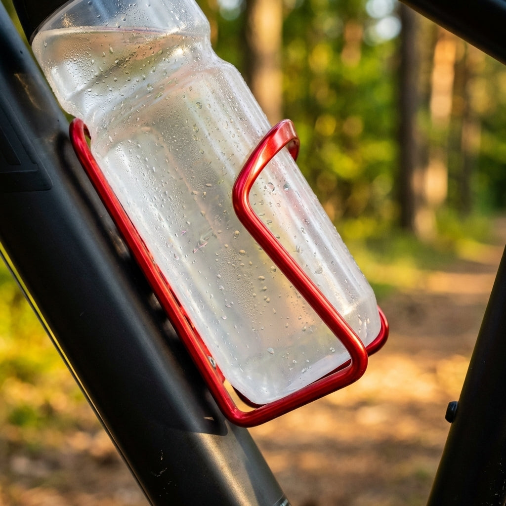M-Wave Flaschenhalter aus rotem Aluminium am Fahrradrahmen, hält eine beschlagene Wasserflasche auf einem Waldweg.