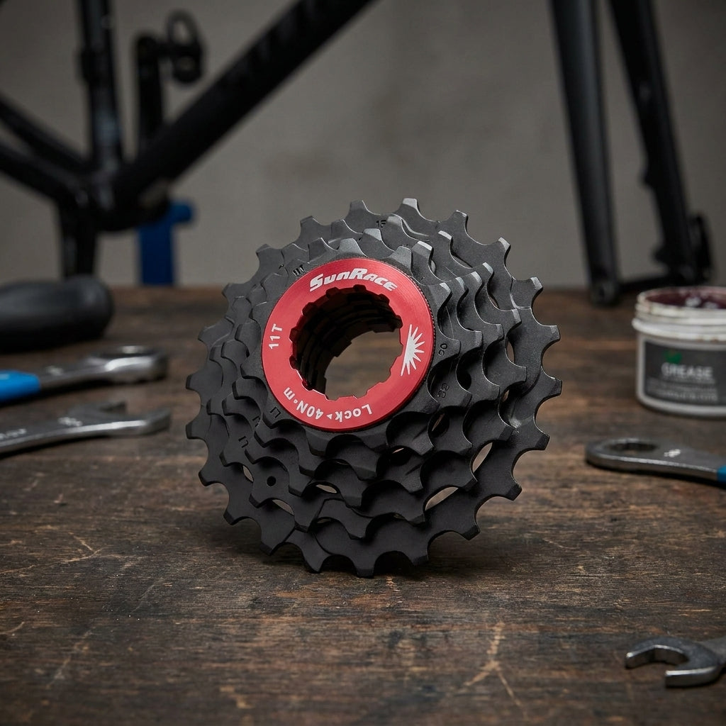 SunRace 10s Ersatzritzel 11-13-15z schwarz mit rotem Lockring auf Werkbank.