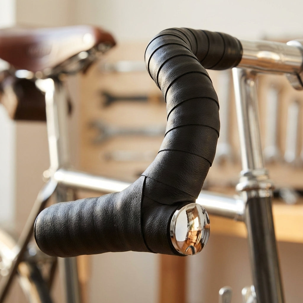 Schwarzes Velox CLASSIC PU Lenkerband mit glänzendem Stopfen am Fahrradlenker.