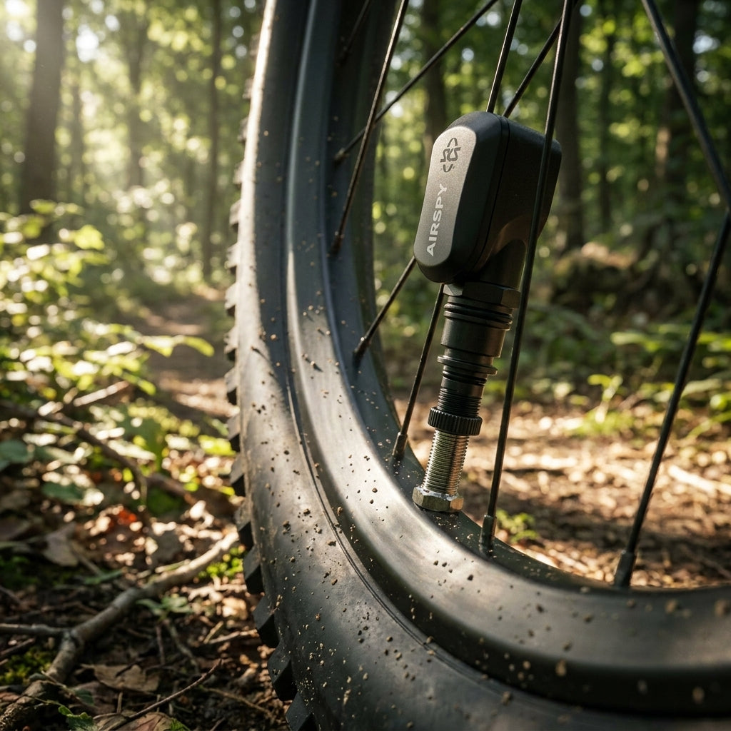 SKS AIRSPY Reifendrucksensor mit Ventiladapter am Mountainbike im Wald.