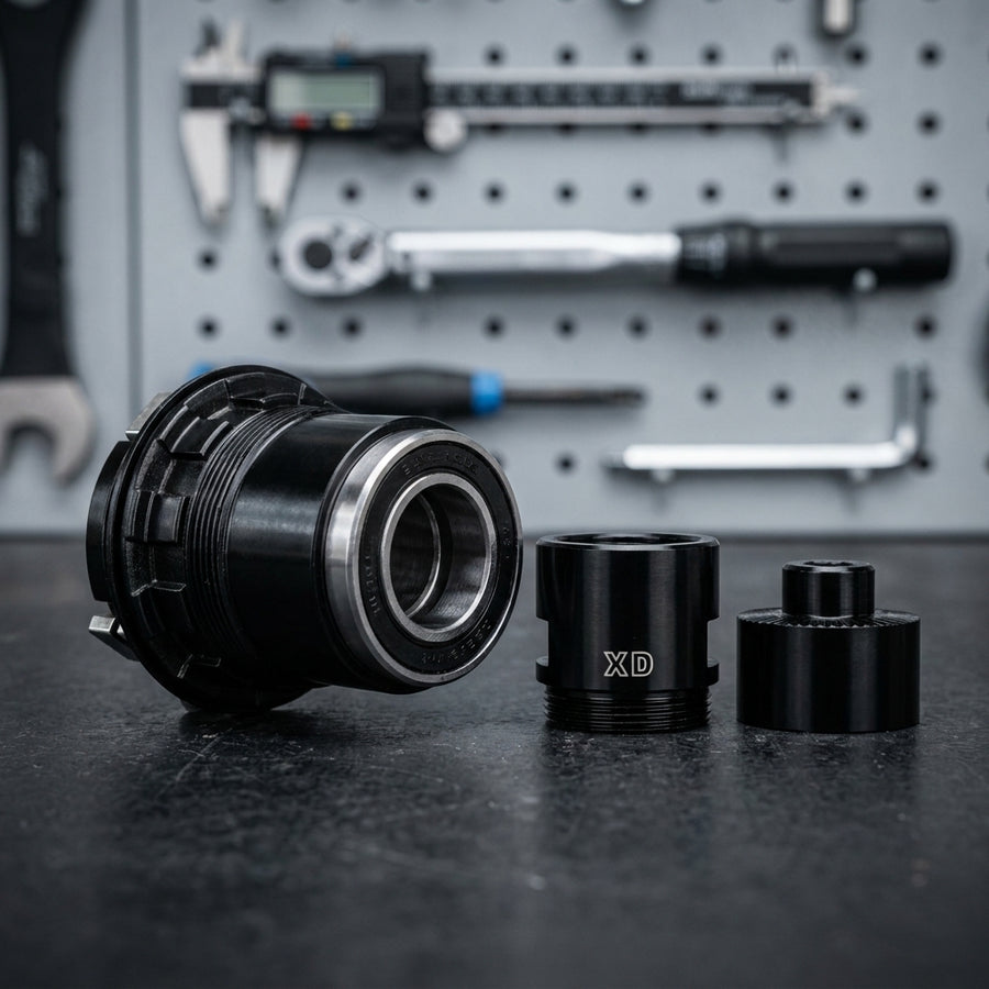 SUNringle Fahrrad Freilauf/Rotor Umrüstkit für SRC/SRX Naben. Schwarzer Freilaufkörper & Adapter vor Werkzeugen.