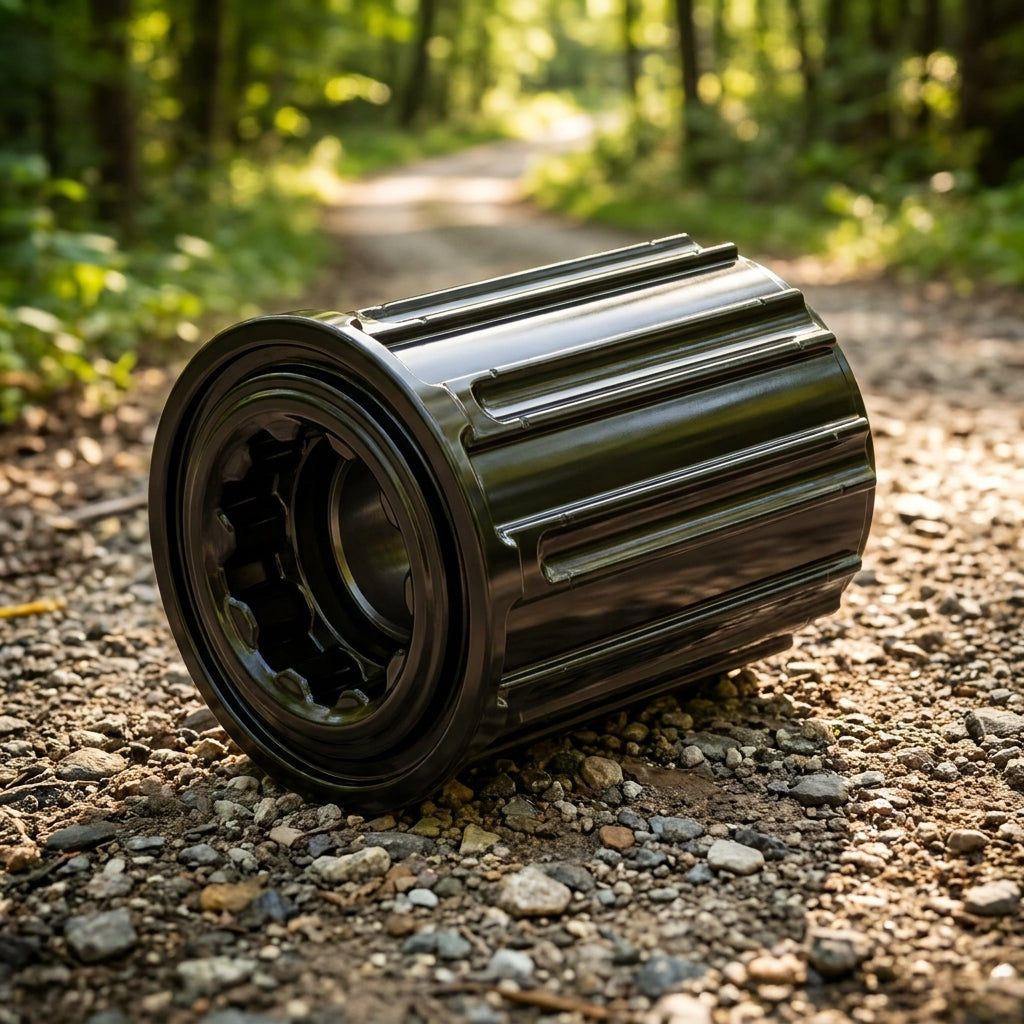 Shimano Freilaufkörper FH-T660 für Fahrrad und MTB, schwarz, liegt auf Schotterweg im Wald.