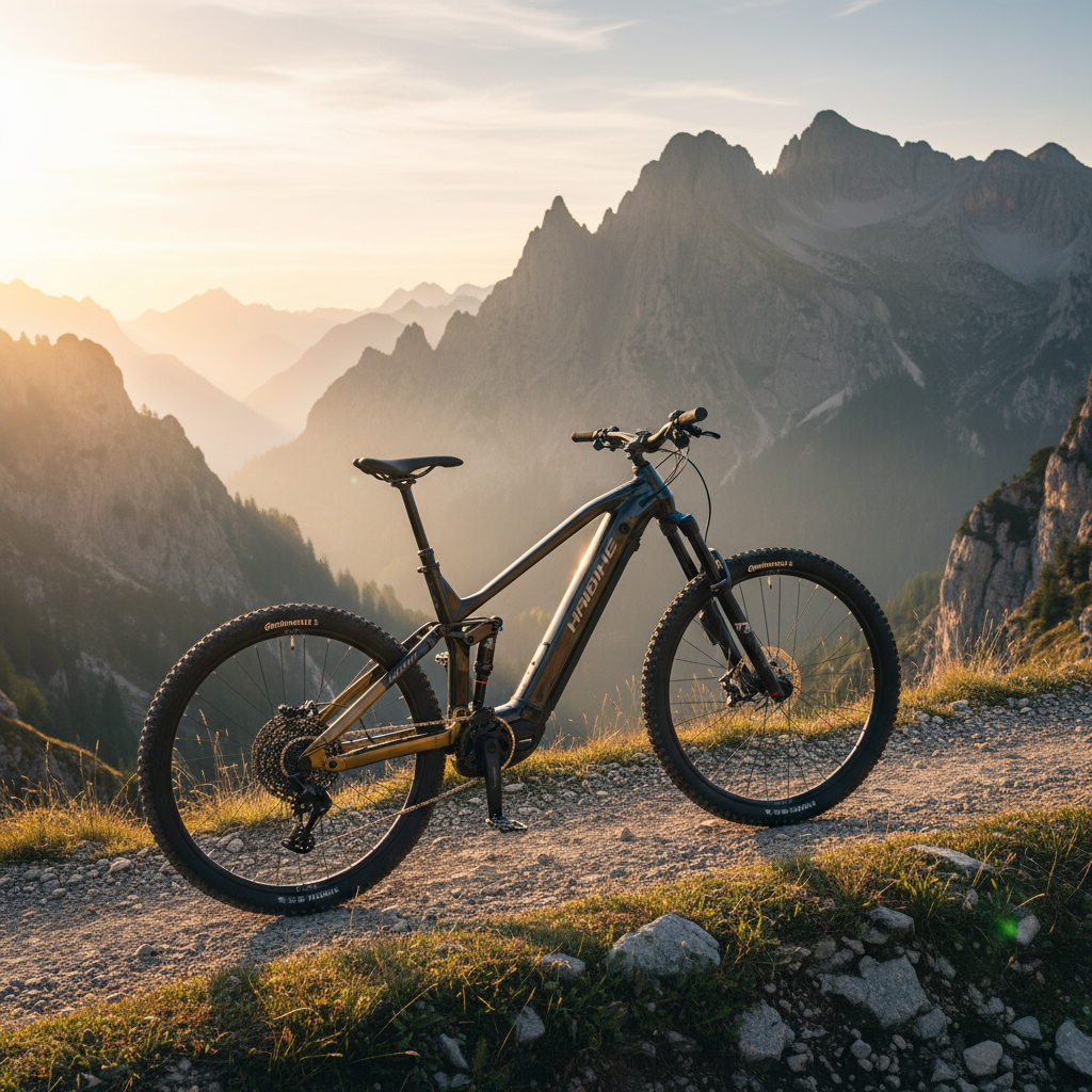 Haibike ALLTRAIL 10.5 29 E-MTB, schwarz-gold-grau, auf Bergweg mit Alpenblick bei Sonnenuntergang.