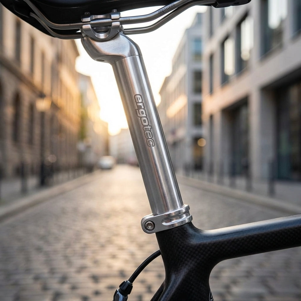 Ergotec Patentsattelstütze Ø 29,6mm L350mm silber AL6061 an einem Fahrradrahmen montiert.