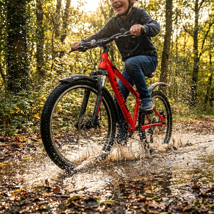 GRT.SCHUTZBLECHE POLISPOR T EXPANDER 65 26/29" an rotem Fahrrad, das durch eine Pfütze spritzt.