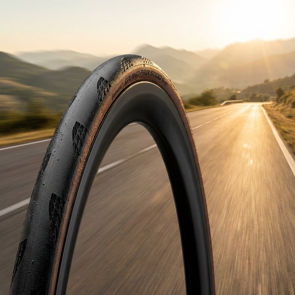 Continental Grand Prix 5000 S TLR Faltreifen schwarz braun auf Fahrrad in Fahrt vor Sonnenuntergang Bergstraße.