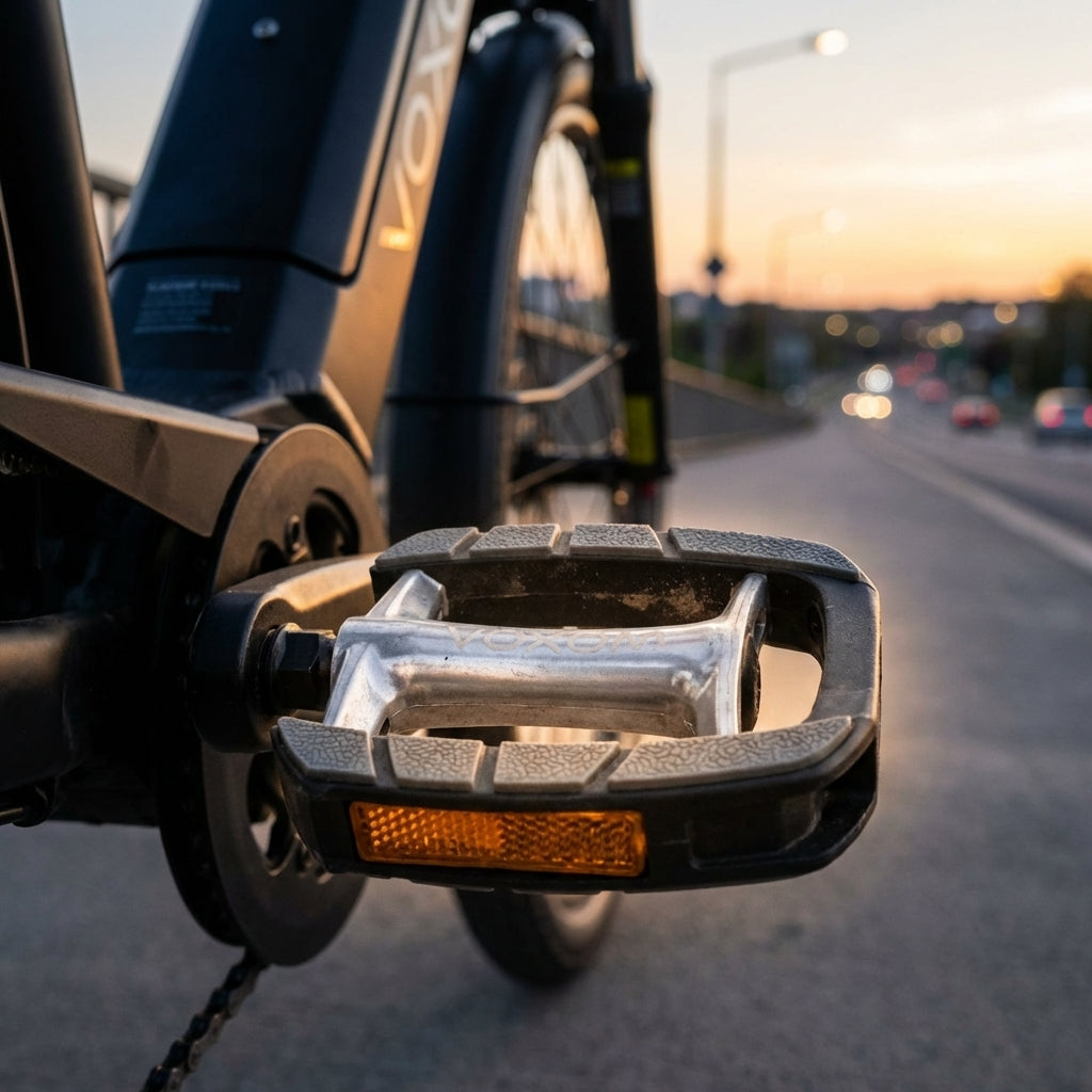 Voxom Pedal Touring Pe12 schwarz E-Bike-Pedal mit Reflektor, Nahaufnahme auf Brücke bei Sonnenuntergang.