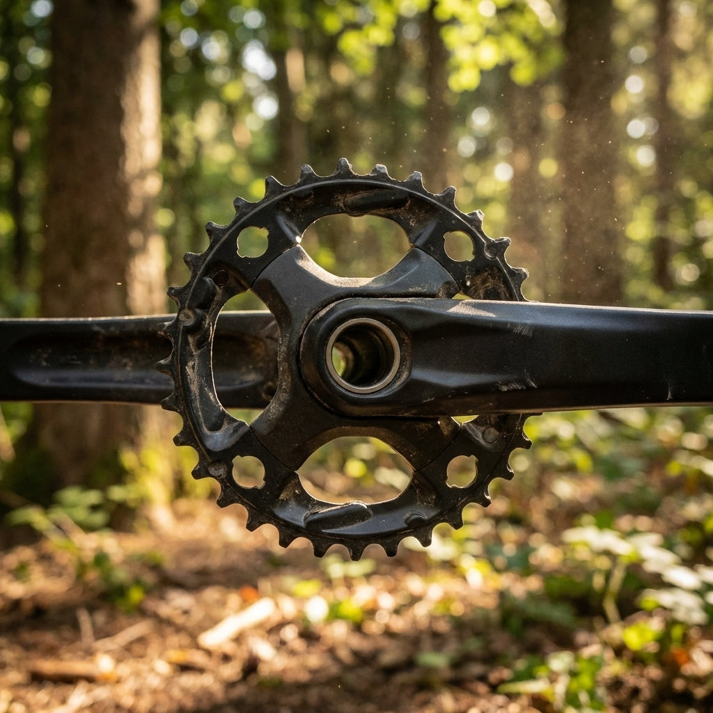 SHIMANO Kettenblatt 30 Zähne FC-M4000/FC-M4050 für Mountainbike-Antrieb, im Wald.