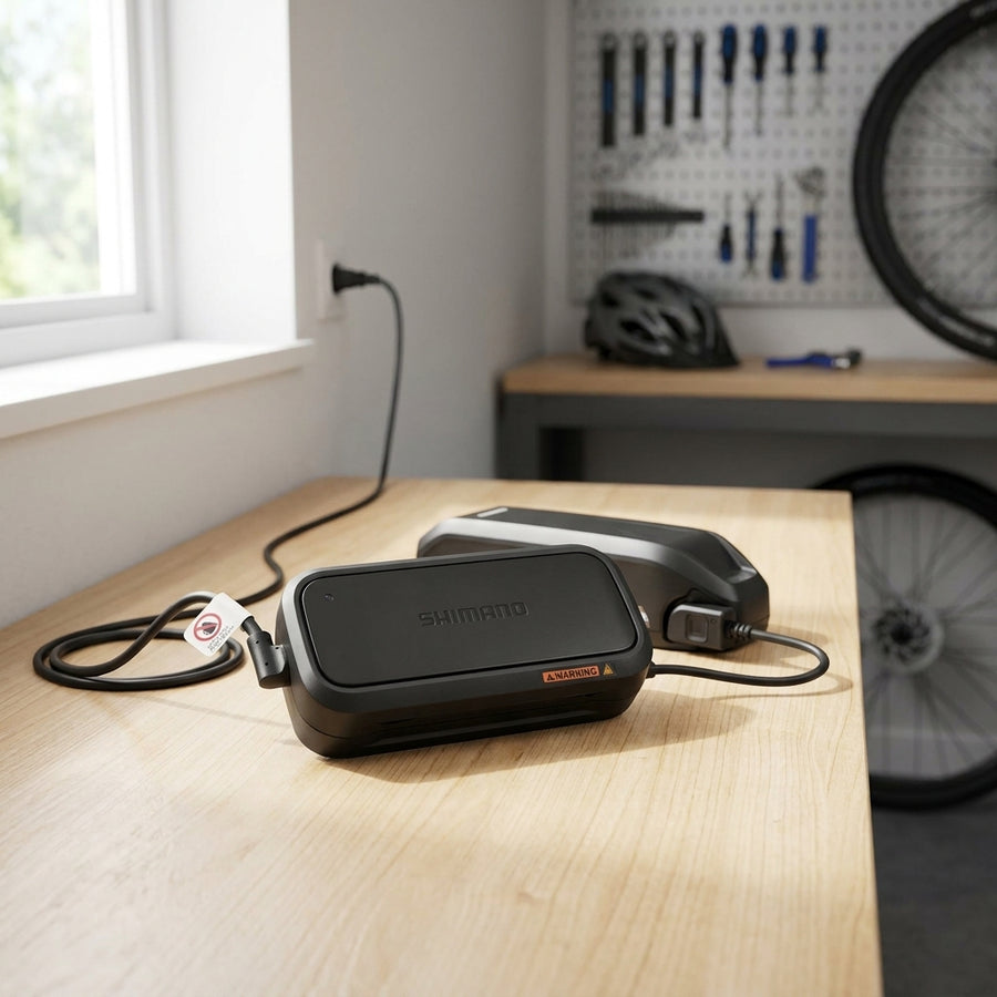 SHIMANO Akku-Ladegerät EC-E6002 lädt einen E-Bike Akku auf einem Holztisch. Werkstatt-Hintergrund mit Fahrradteilen.