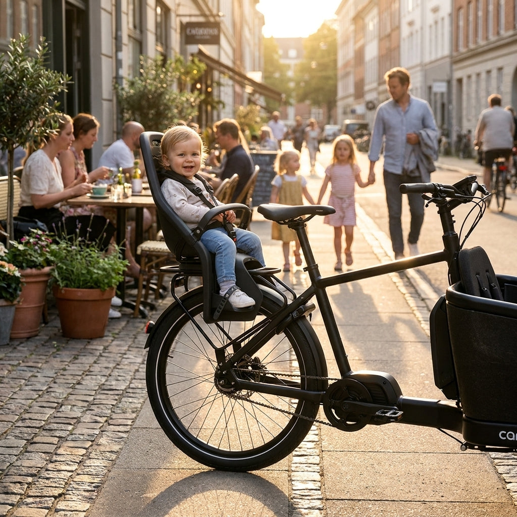 Carqon Gepäckträger schwarz für Lastenrad. Kindersitz-Halterung für Carqon Classic, Cruise, Flatbed. Sicheres Fahrradzubehör.