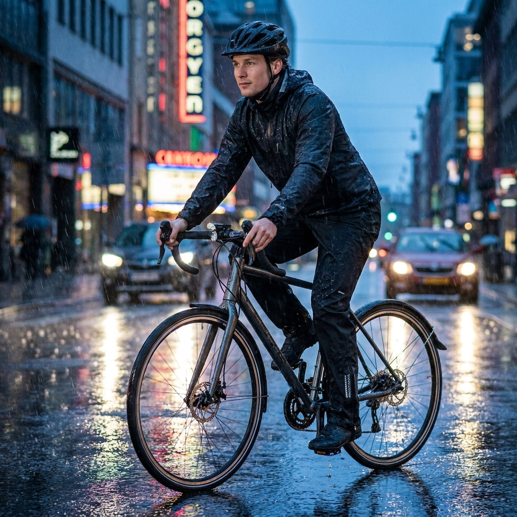 Basil Hoga Unisex Regenhose Jet Black XXL. Radfahrer in schwarzer Regenhose fährt im Regen durch die Stadt.