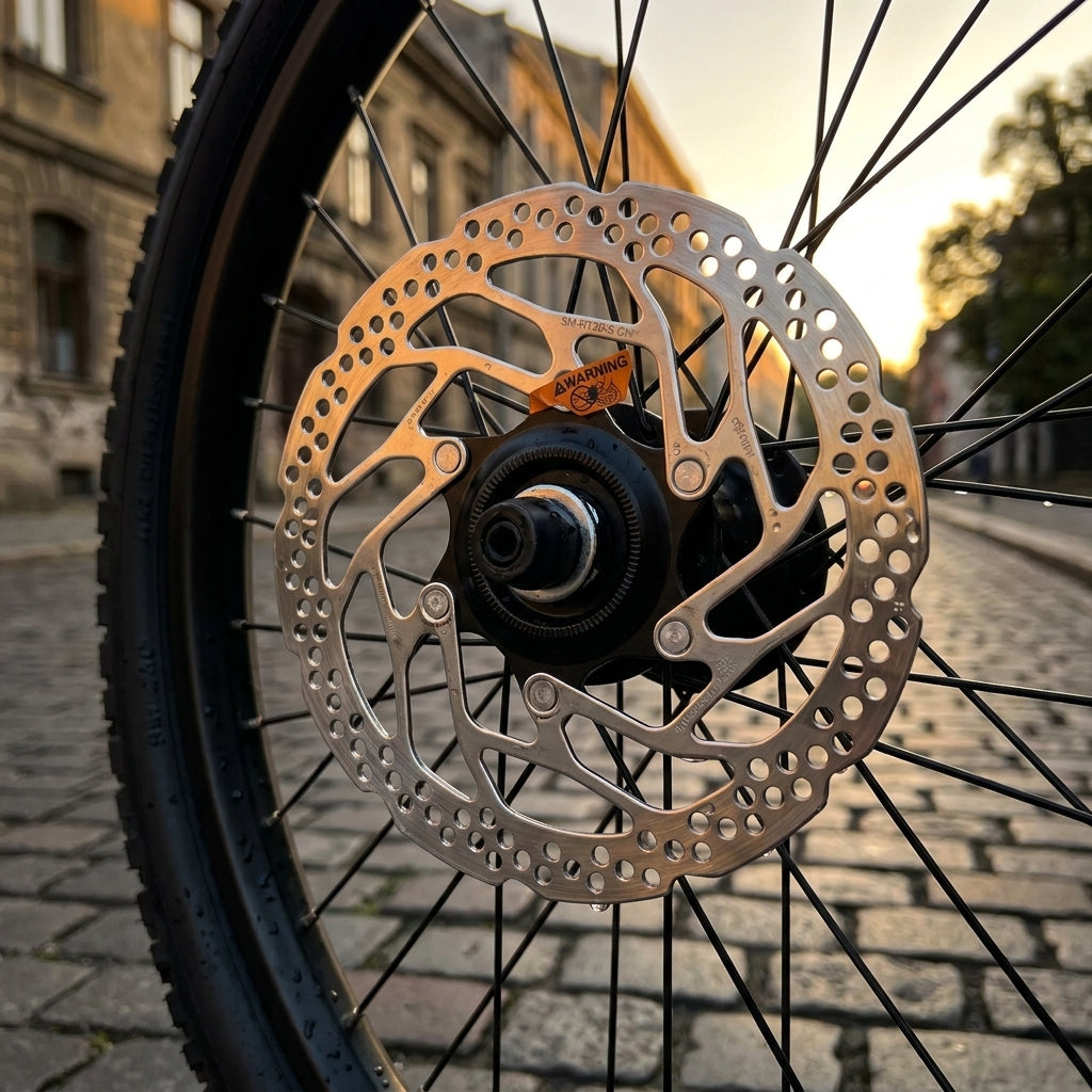 SHIMANO Bremsscheibe SM-RT30 160mm Center Lock montiert am Fahrradrad auf Kopfsteinpflaster bei Sonnenuntergang.