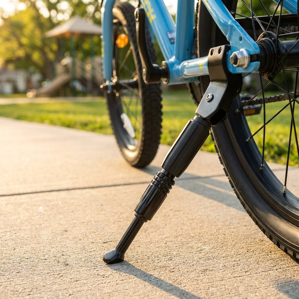 Schwarzer Ergotec Liliput Hinterbau-Seitenständer 16-20 Zoll verstellbar an blauem Kinderfahrrad mit Achsmontage.