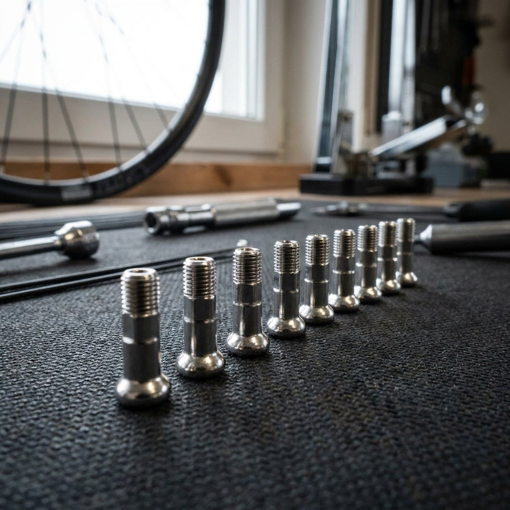 DT Swiss Speichennippel 2.0 Messing 14mm silber, in Reihe auf Werkbank, als robuste Laufradlösung.