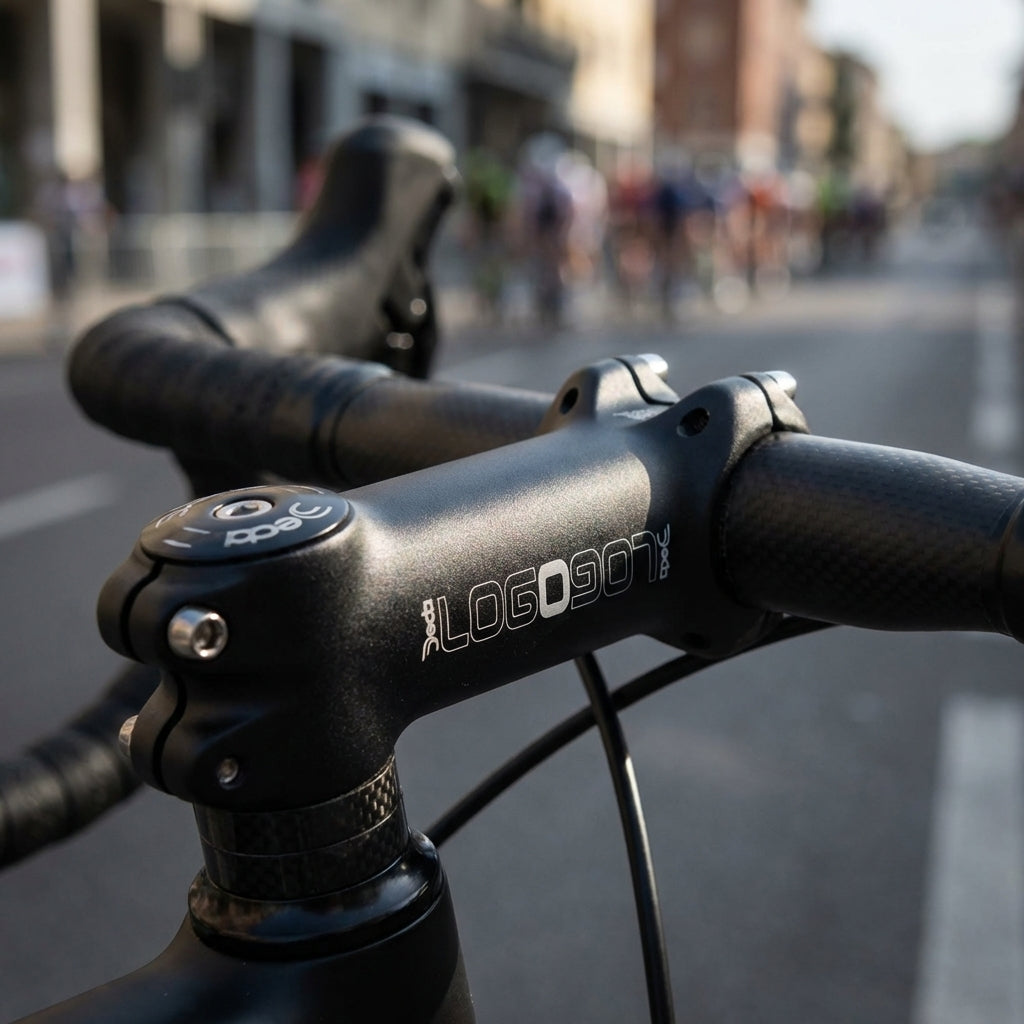 Deda Vorbau Logo Ø 26,0 mm 80 mm schwarz-matt am Fahrrad mit Rennfahrern im Hintergrund.