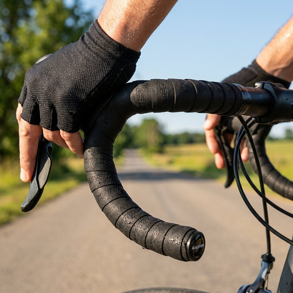 Nahaufnahme: Hände mit Handschuhen am Lenker mit schwarzem Easton Pinline Foam Lenkerband. Bietet Grip & Komfort.