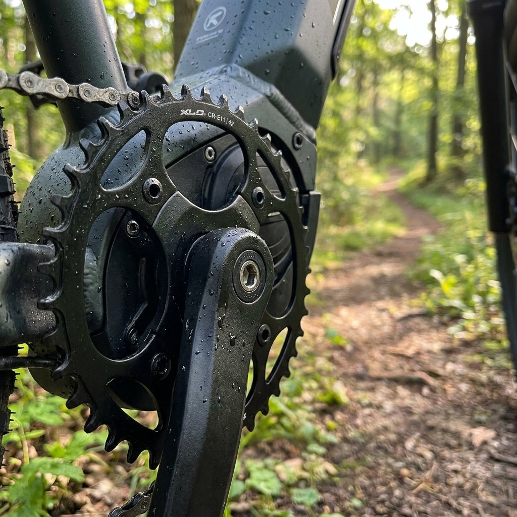Nasses XLC E-Bike Kettenblatt CR-E11142 42 Zähne aus Stahl am Mittelmotor eines E-Bikes auf Waldweg.