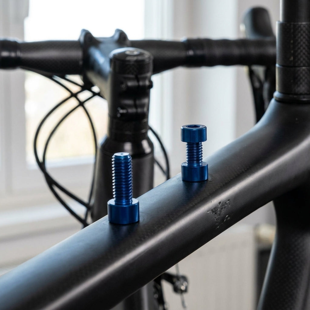 Blaue XLC Schrauben 2er Set für Trinkflaschenhalter am schwarzen Fahrradrahmen.