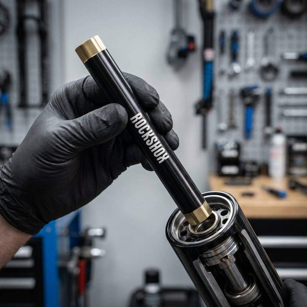 Rockshox Verankerungswerkzeug RS1 00.4318.012.000 wird in eine Fahrrad-Federgabel eingesetzt.