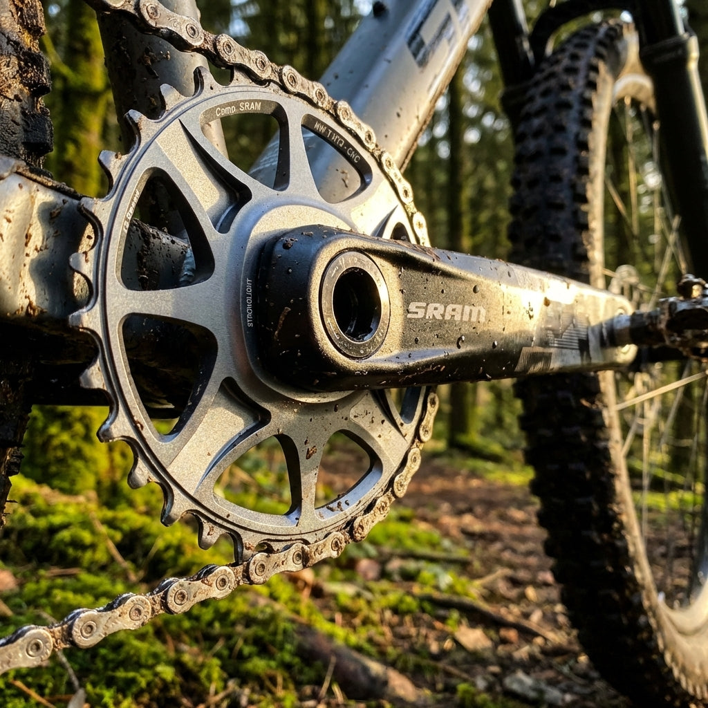 Stronglight Kettenblatt MTB Sram 1x12 direct mount 32Z grau, montiert an dreckigem Mountainbike im Wald.