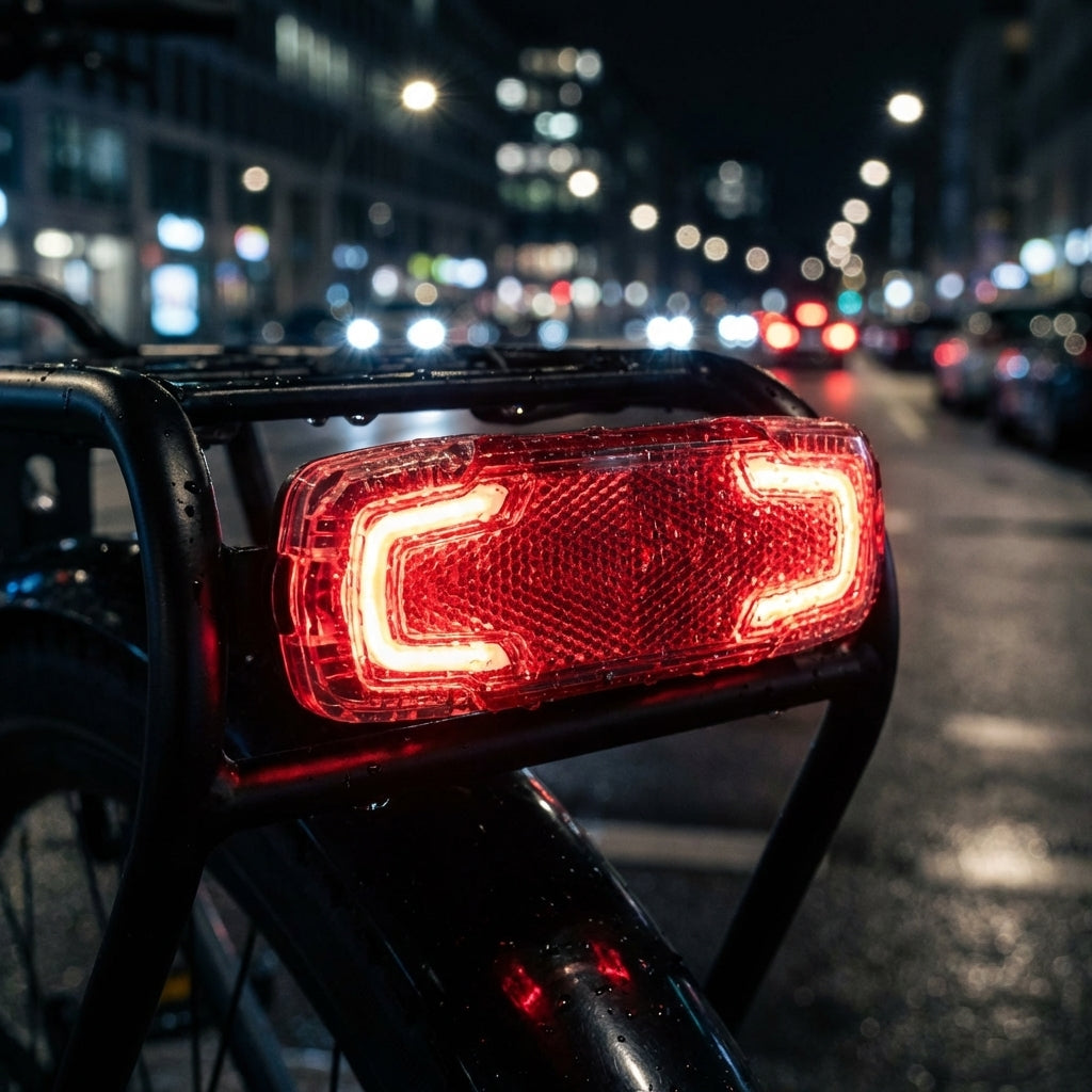 Busch+Müller Toplight 2C Plus LED-Rücklicht, dynamobetrieben, leuchtend auf Gepäckträger bei Nacht.