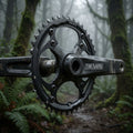 Truvativ MTB Kettenblatt 9-fach 44T Stahl mattschwarz montiert an Kurbelgarnitur im Wald.