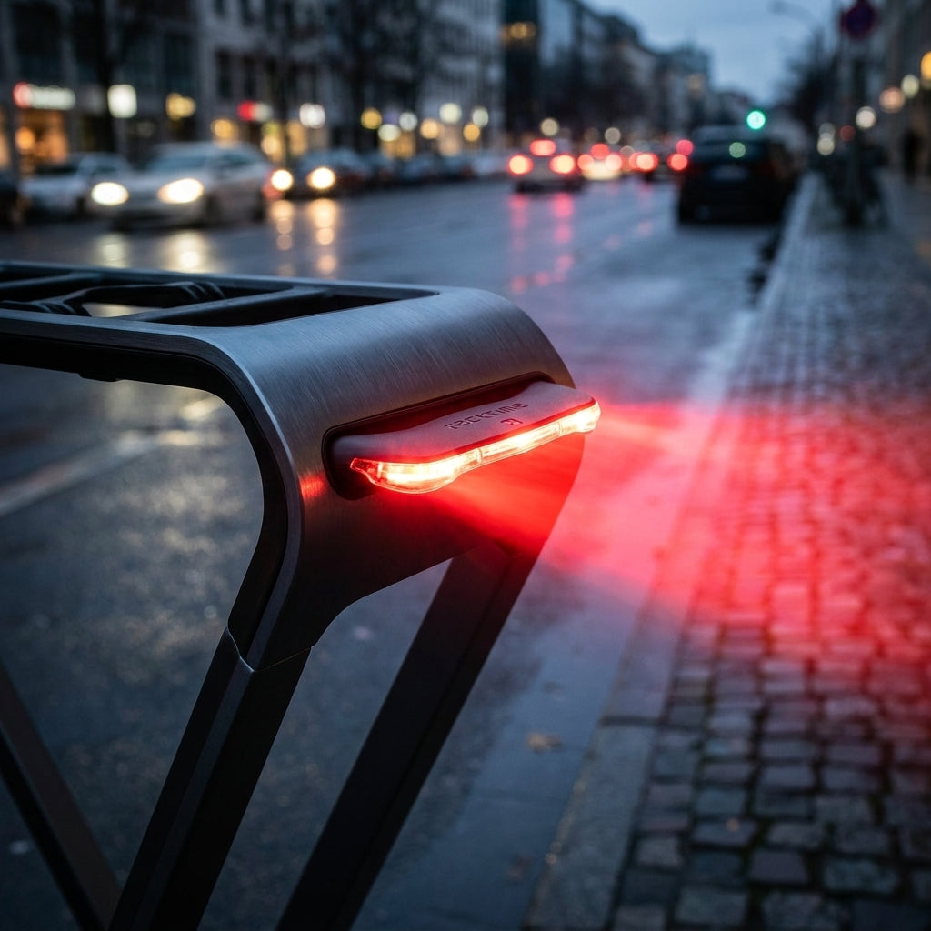 Racktime LED Rücklicht Shine Evo auf Gepäckträger. Breites Design, Aluminium, hohe Sichtbarkeit für Fahrradsicherheit.