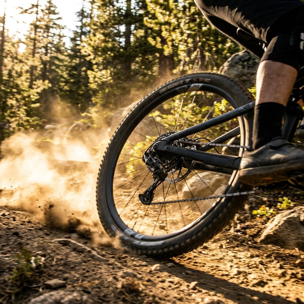 DT Swiss EXC 1501 SPLINE ONE Enduro-Carbonlaufrad schwarz in Aktion auf staubigem Mountainbike-Trail.