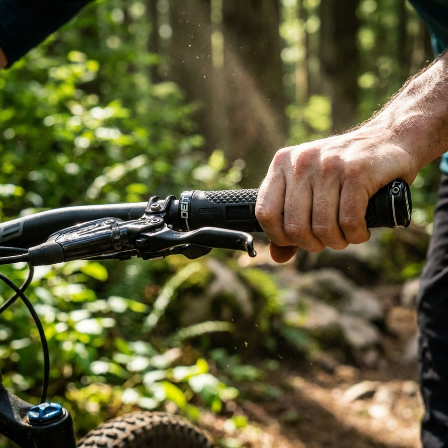 Fahrer hält Deity Lockjaw Griffe Schwarz am Mountainbike Lenker. Ergonomisches Design, weiche TRC+ Gummimischung für MTB.