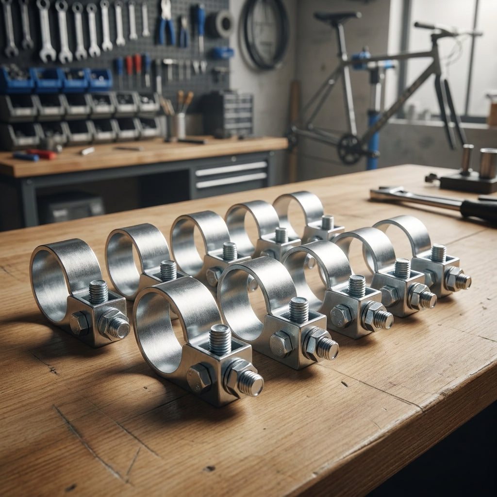 10 Sram Rohrschellen rund 18 mm auf Holztisch in einer Fahrradwerkstatt.