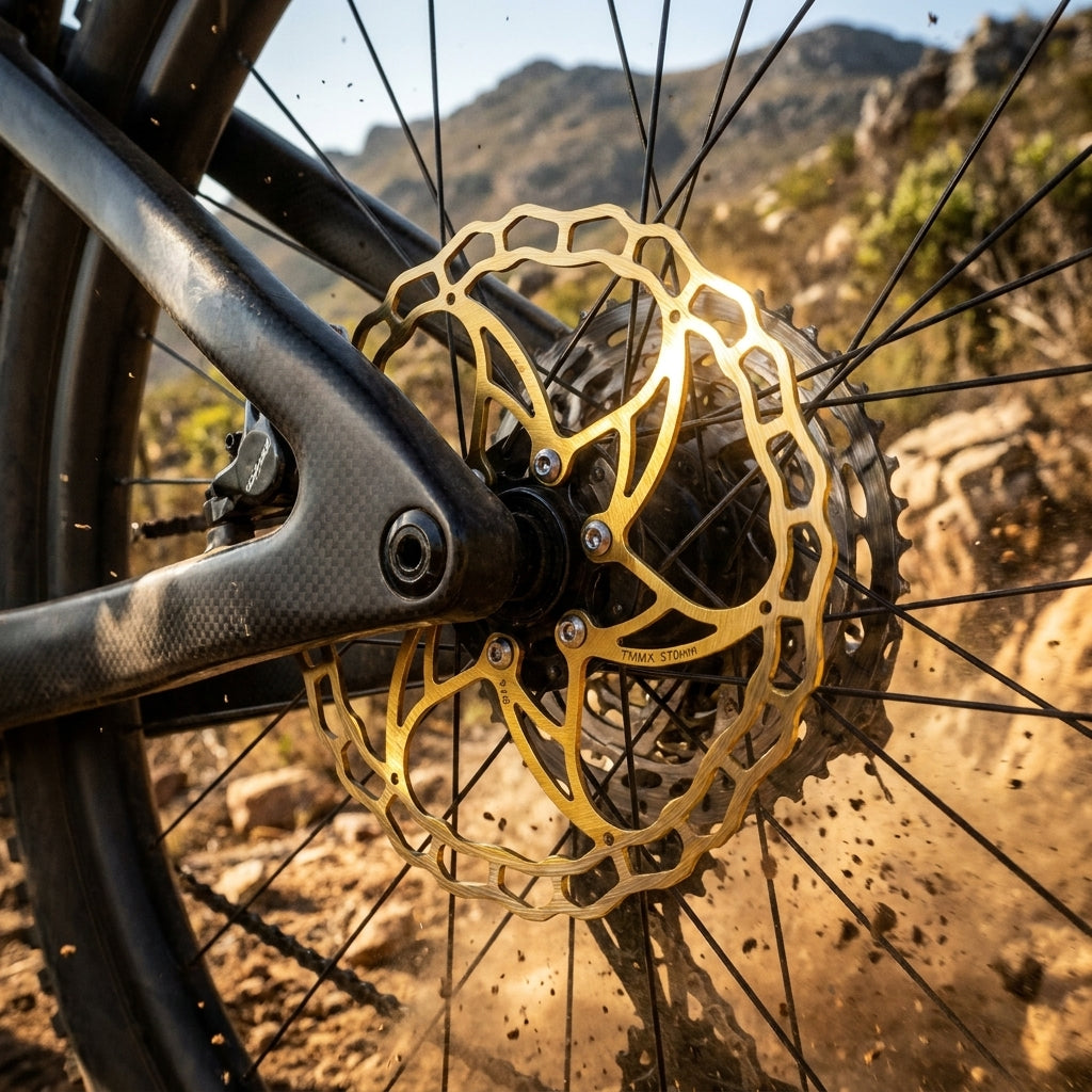 Fasi QUAXAR TS 180mm goldene Bremsscheibe am Mountainbike-Hinterrad auf staubigem Offroad-Trail.