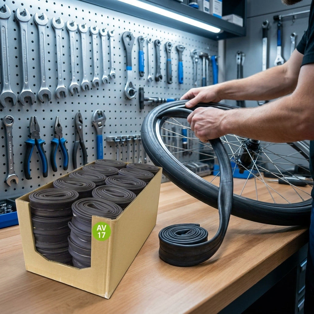 Schwalbe Schlauch Werkstattpackung AV17 28 Zoll. Fahrradmechaniker repariert Reifen mit zuverlässigem Fahrradschlauch.