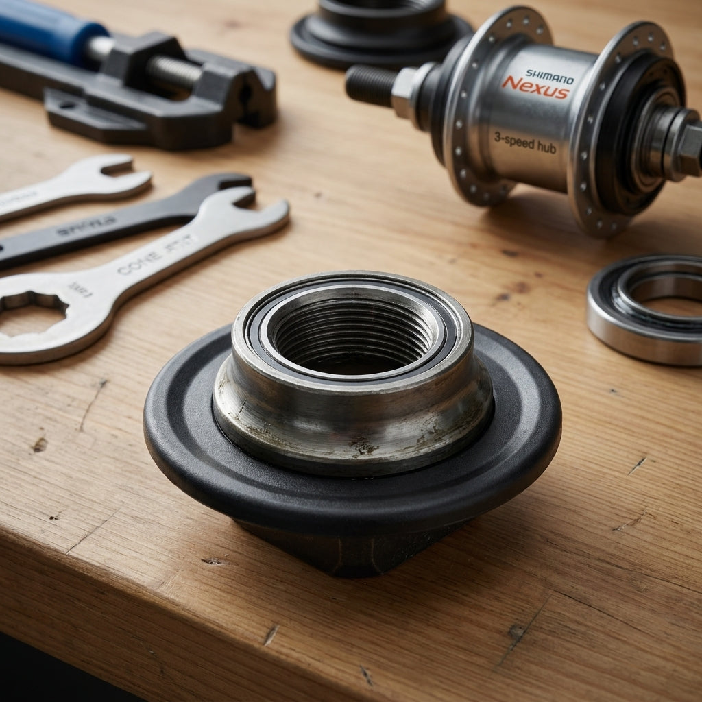 Fahrrad-Ersatzteil: SHIMANO Konus SG-3C40 rechts mit Staubkappe auf Holztisch, daneben Shimano Nabe und Werkzeug.