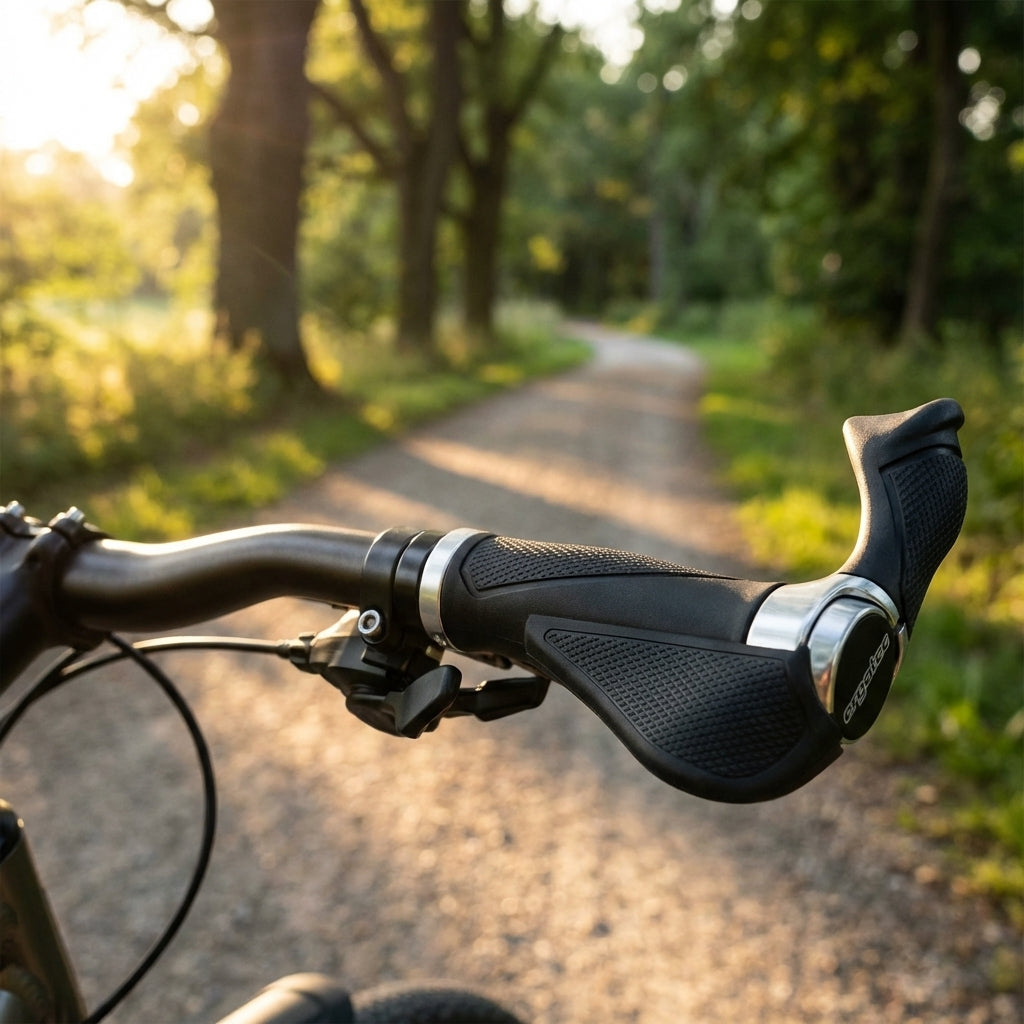 Ergotec Multiflex Fahrradgriffe mit Bar-Ends und ergonomischer Form in Schwarz Silber für Trekkingräder.