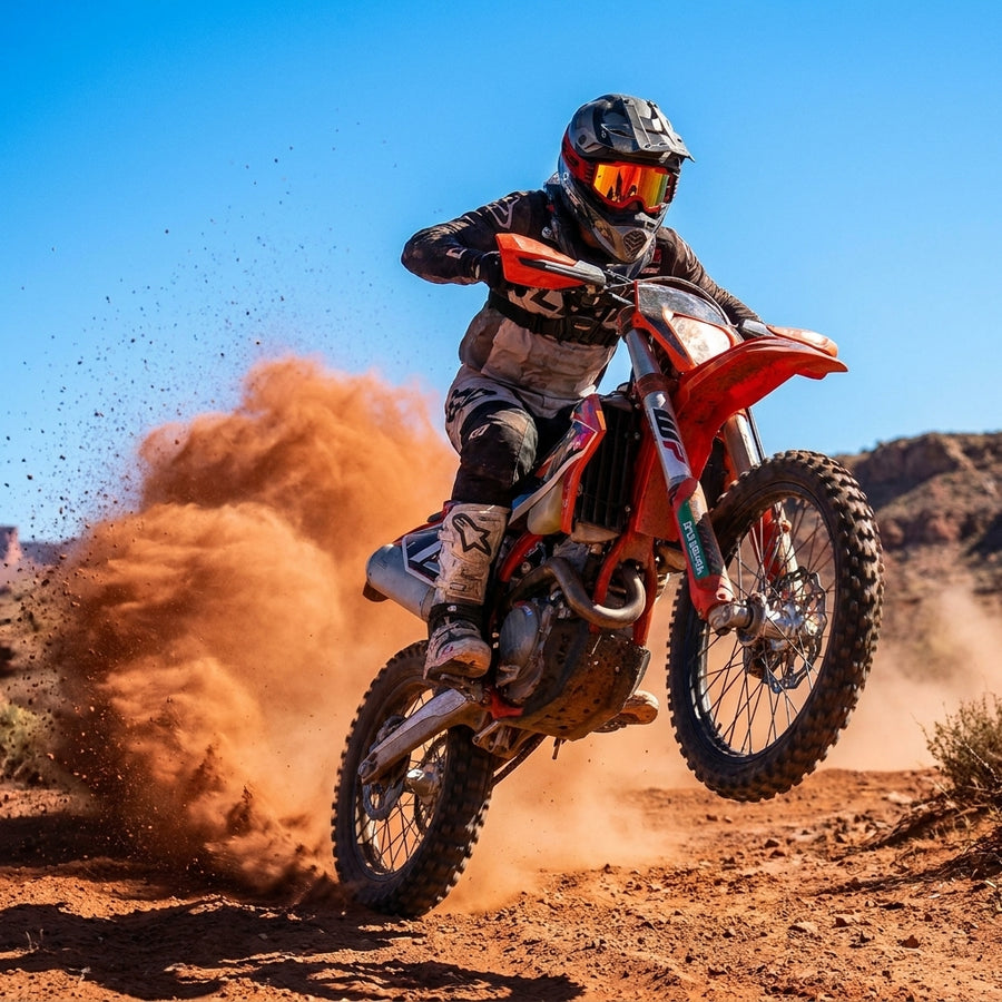 LS2 Charger Pro Crossbrille rot an Motocross-Fahrer beim Sprung, 100% UVA- & UVB-Schutz im Gelände.