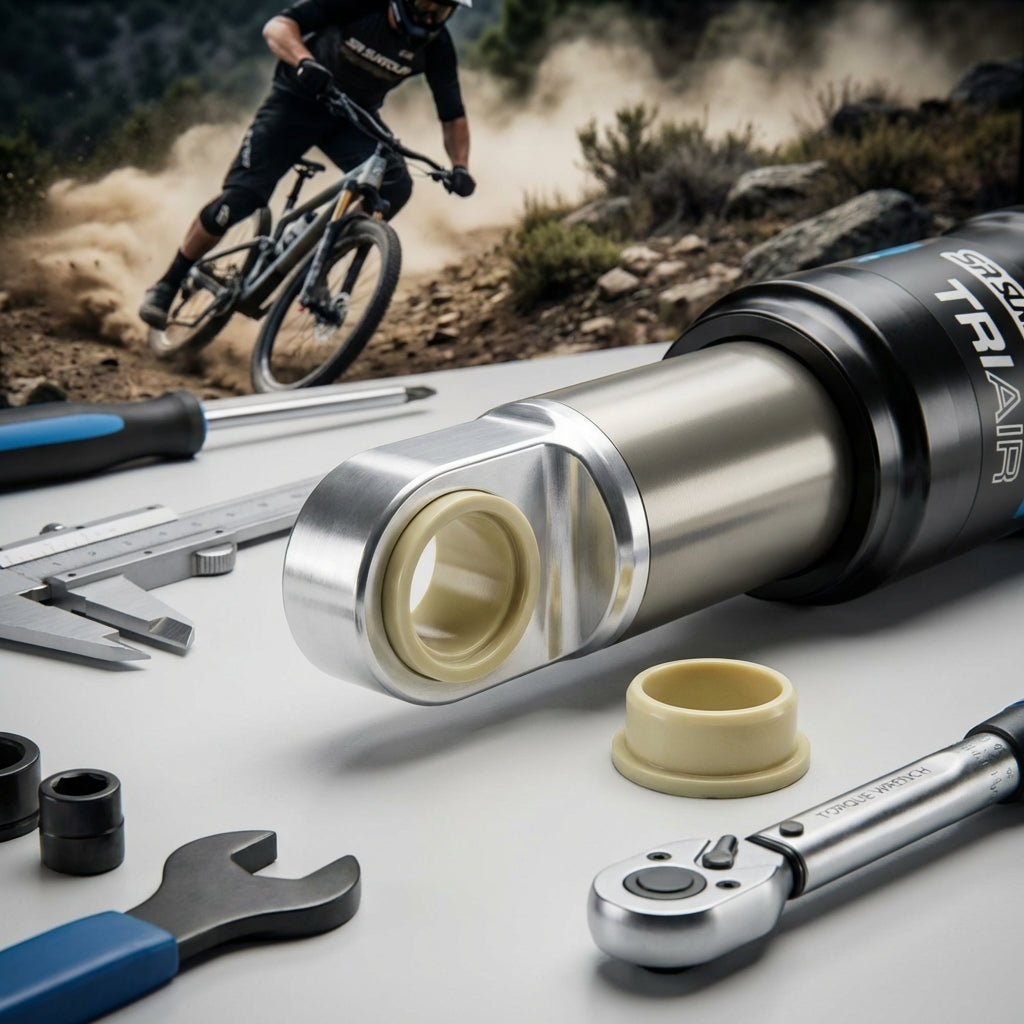 SR-Suntour Kunststoffbuchse IGUS 8x18mm für TRIAIR Dämpfer mit Werkzeug auf Werkbank und Biker im Hintergrund.