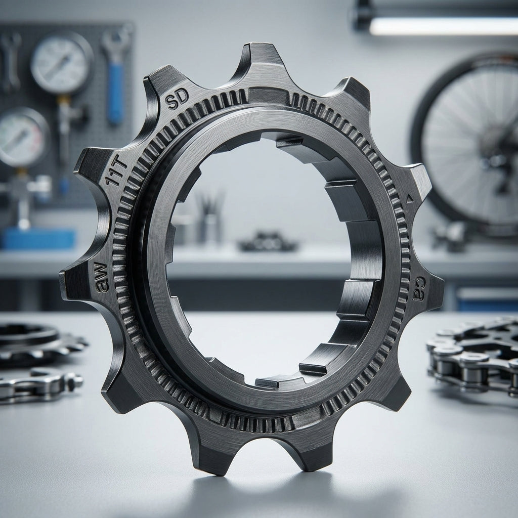 SHIMANO Ritzel CS-HG31-8 11 Zähne aus dunklem Metall in einer Fahrradwerkstatt.