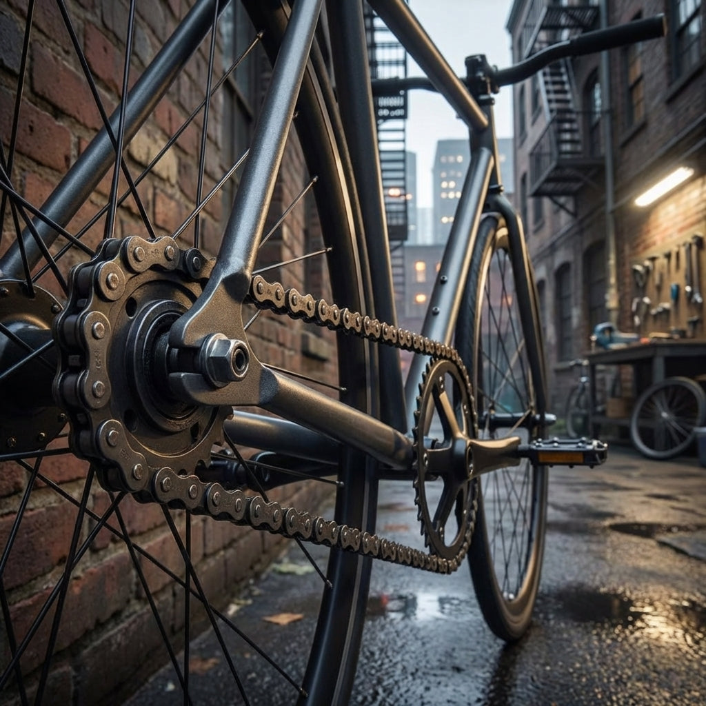 SunRace Single Speed Fahrradkette 1/2Z x 1/8Z 112 Glieder schwarz am Hinterrad eines Bikes.